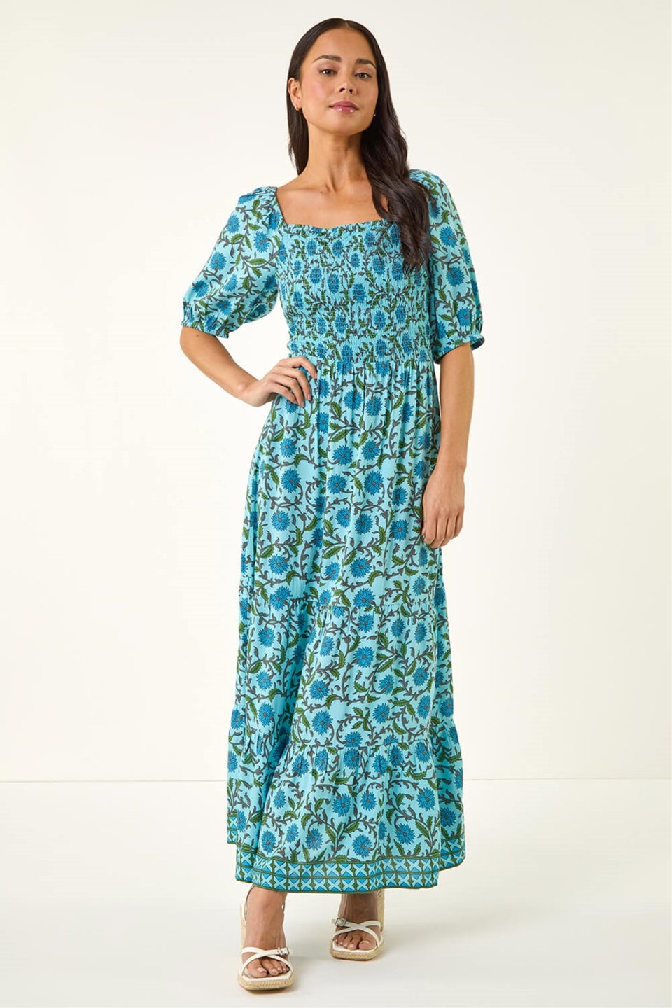 Roman Blue Petite Printed Puff Sleeve Dress