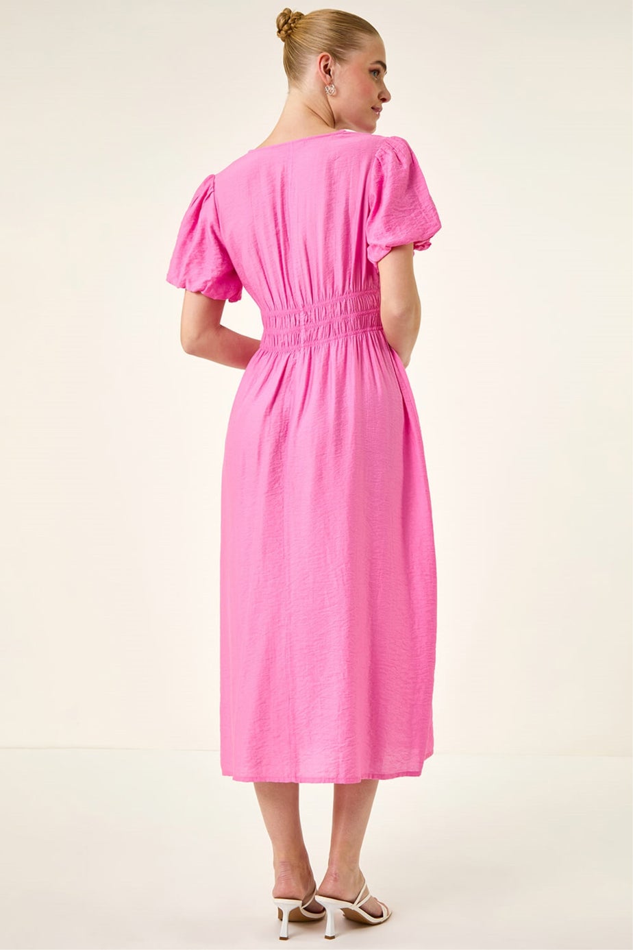 Roman Pink Balloon Sleeve Midi Dress