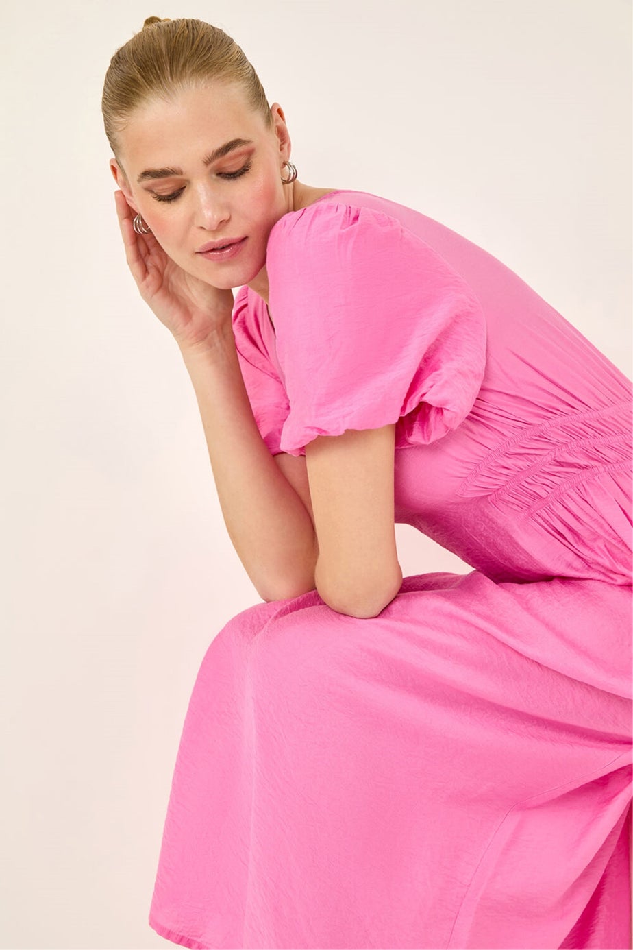 Roman Pink Balloon Sleeve Midi Dress