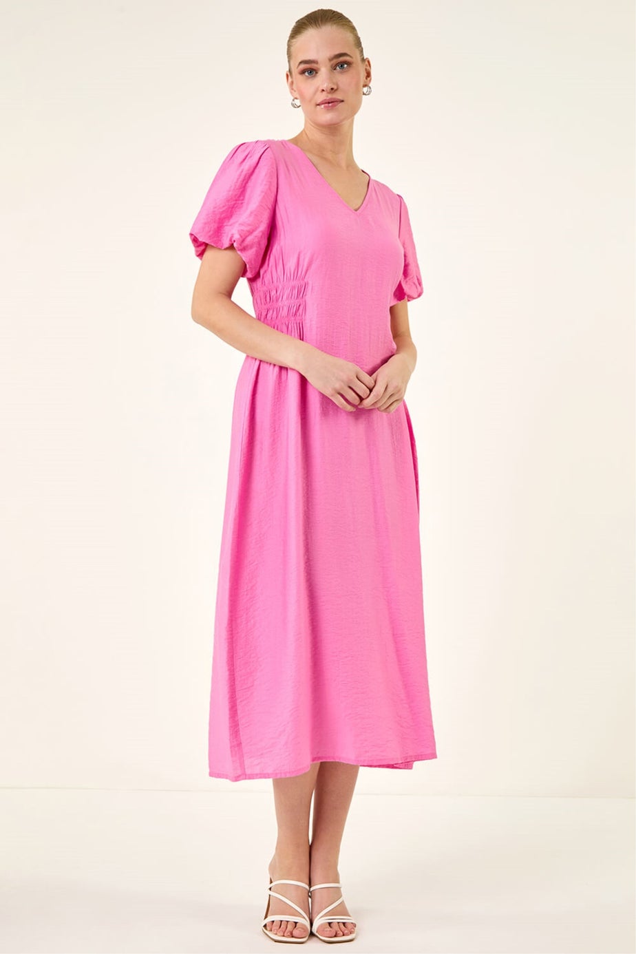 Roman Pink Balloon Sleeve Midi Dress