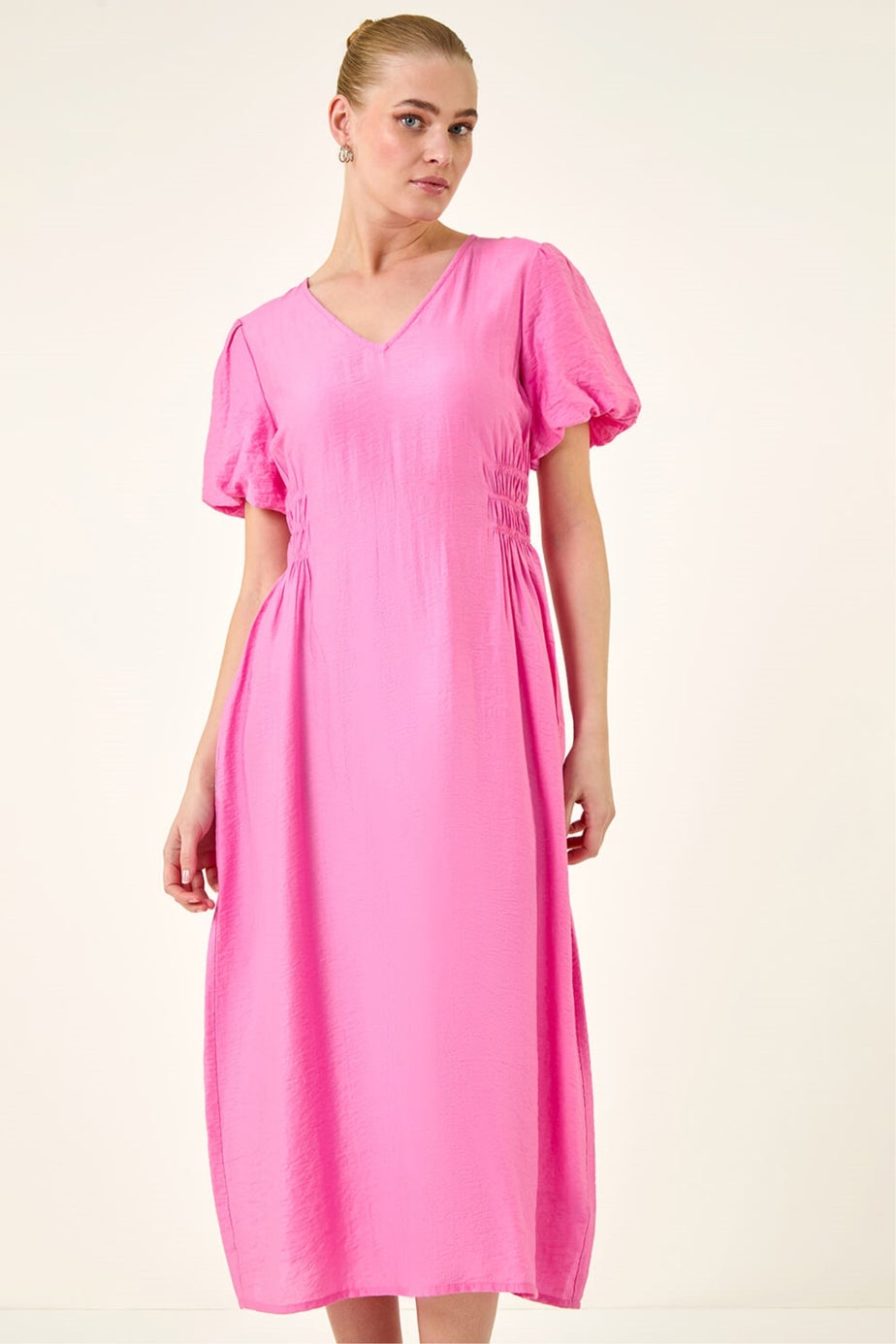 Roman Pink Balloon Sleeve Midi Dress
