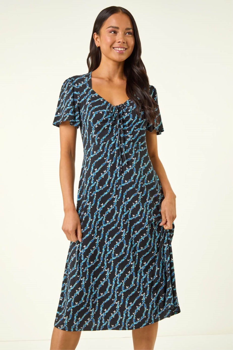 Roman Navy Petite Butterfly Drawstring Midi Dress