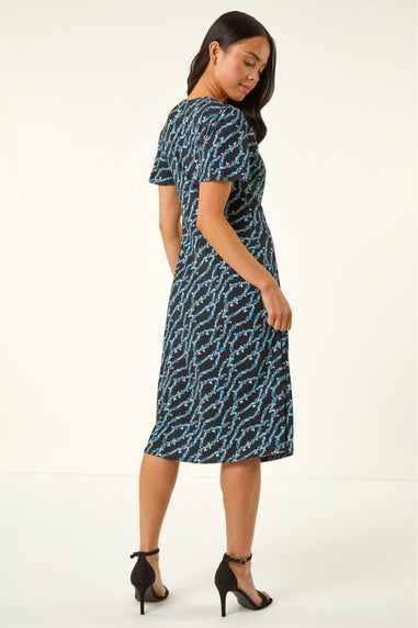 Roman Navy Petite Butterfly Drawstring Midi Dress