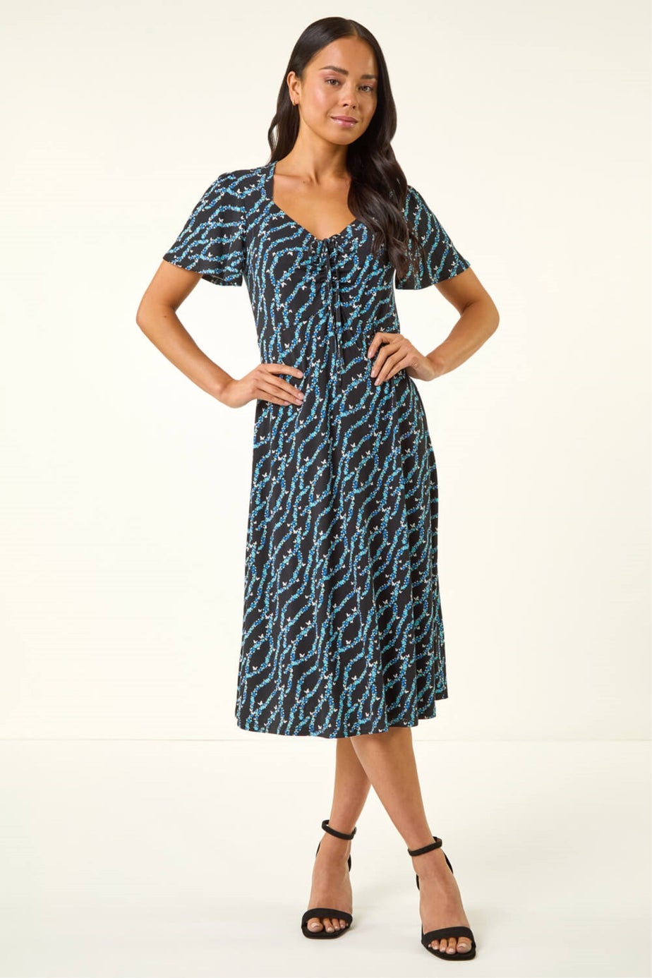 Roman Navy Petite Butterfly Drawstring Midi Dress