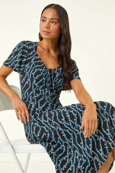 Roman Navy Petite Butterfly Drawstring Midi Dress