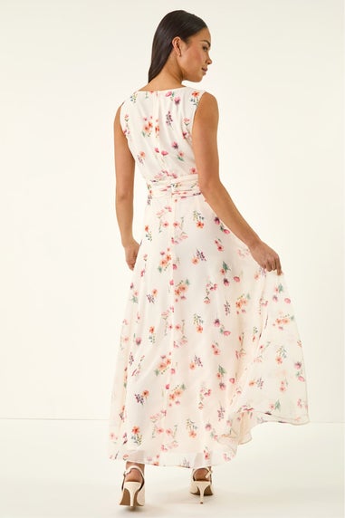 Roman Ivory Petite Floral Ruched Waist Maxi Dress