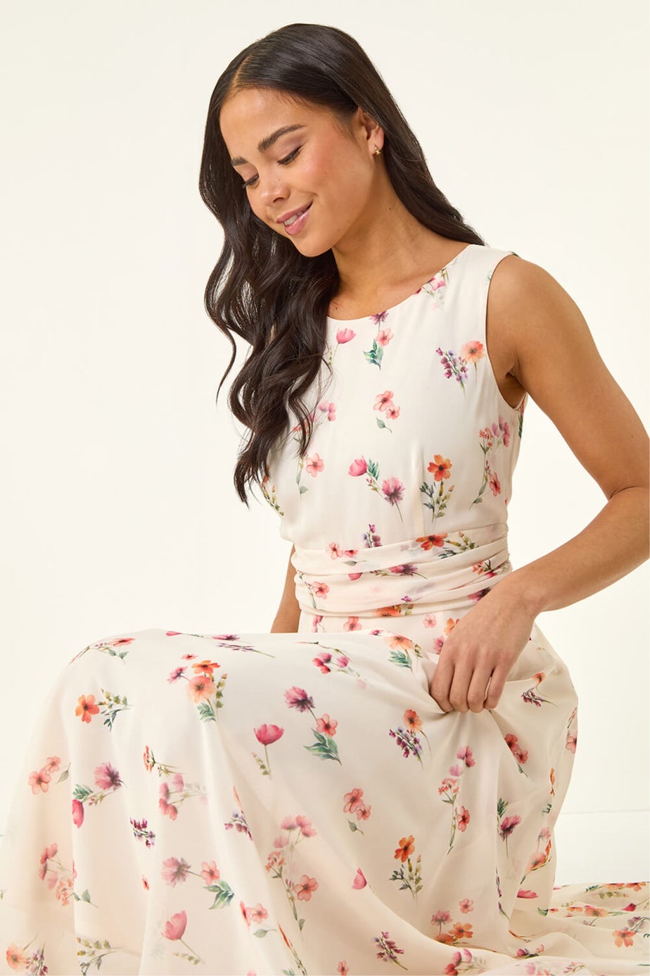 Roman Ivory Petite Floral Ruched Waist Maxi Dress