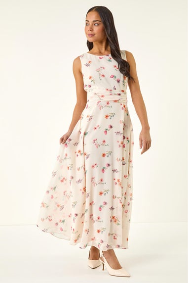 Roman Ivory Petite Floral Ruched Waist Maxi Dress