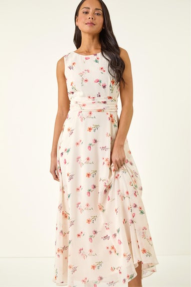 Roman Ivory Petite Floral Ruched Waist Maxi Dress