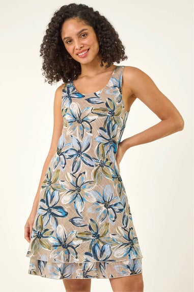 Roman Light Grey Floral Print Double Layer Dress