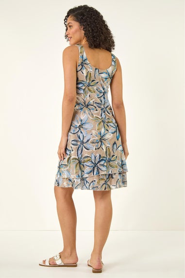 Roman Light Grey Floral Print Double Layer Dress