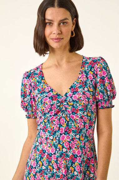 Roman Pink Floral Print Ruched Dress