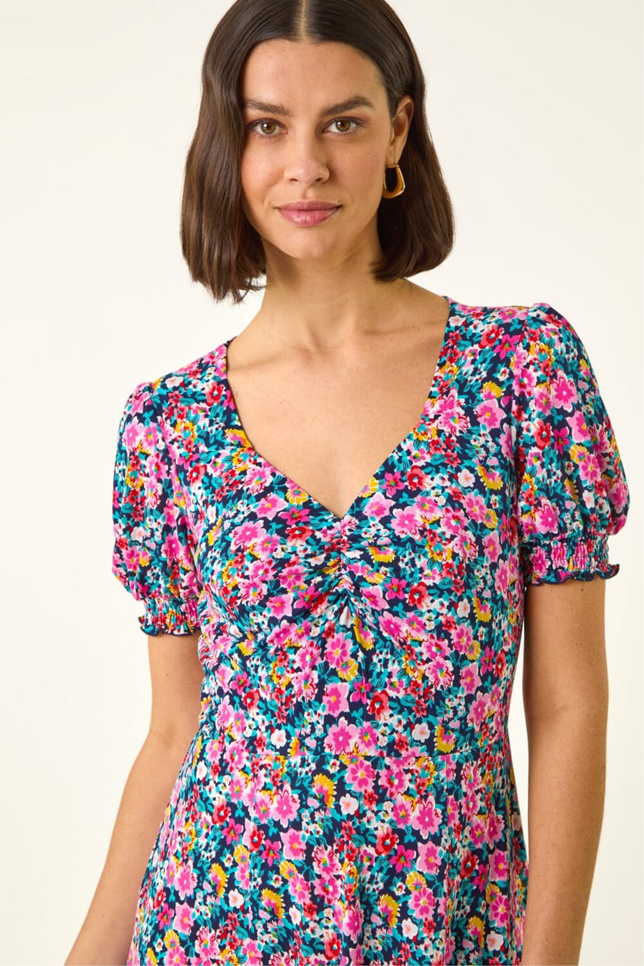 Roman Pink Floral Print Ruched Dress