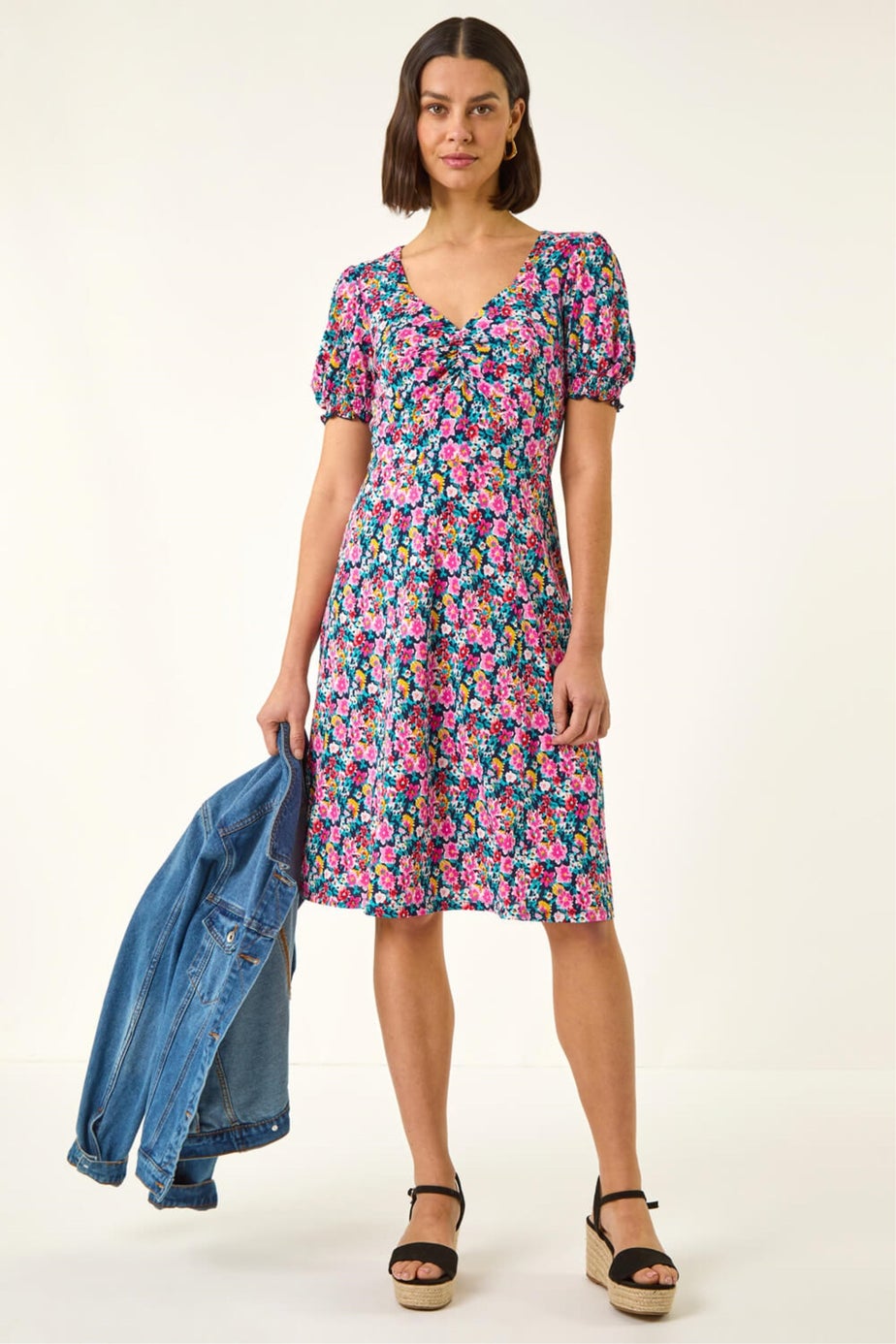 Roman Pink Floral Print Ruched Dress