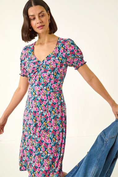 Roman Pink Floral Print Ruched Dress