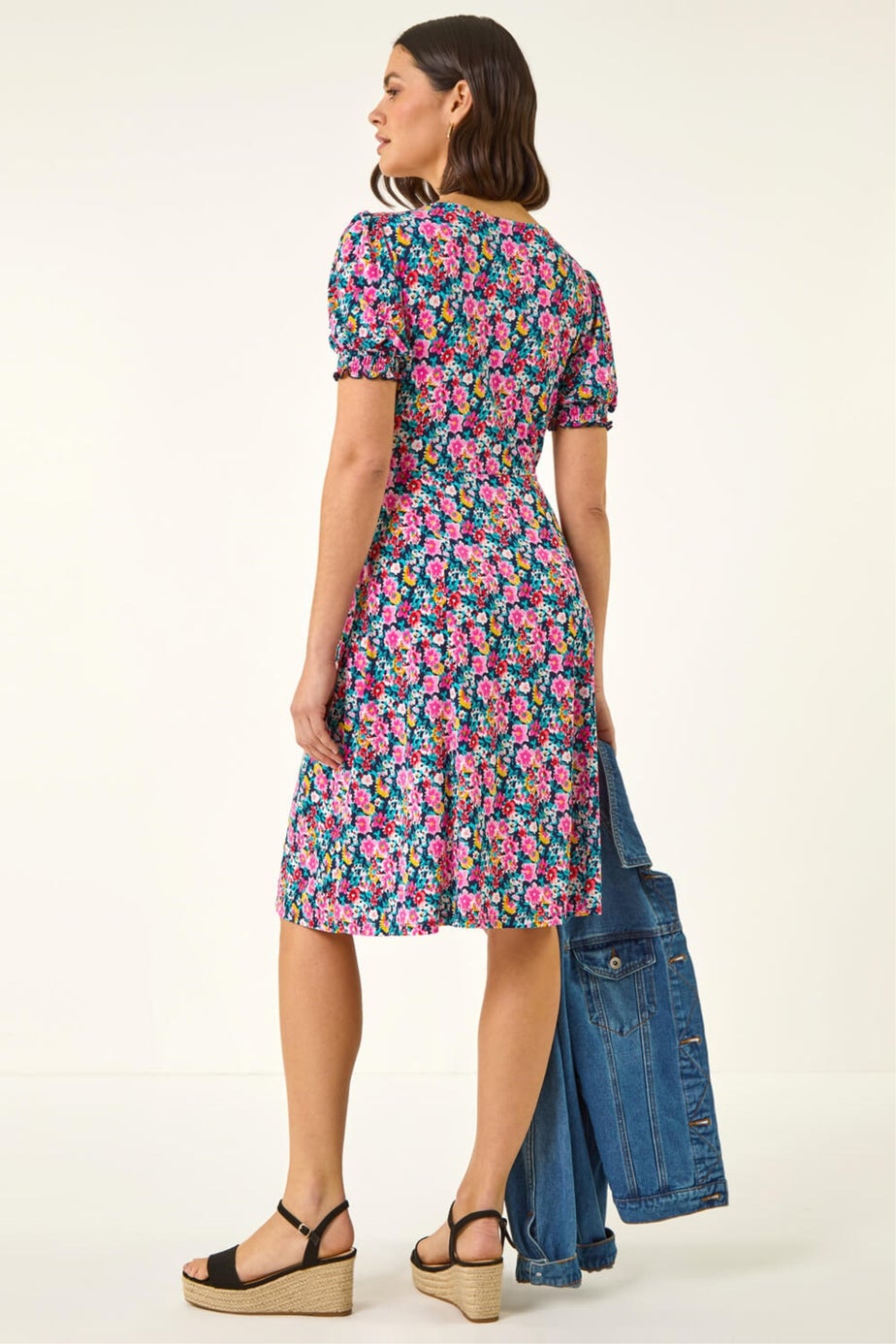 Roman Pink Floral Print Ruched Dress