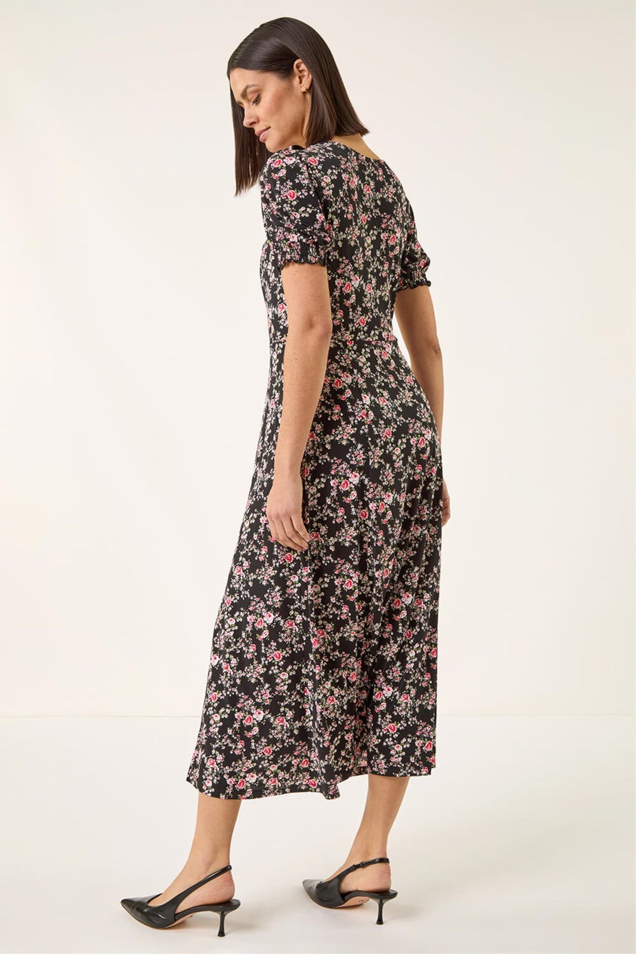 Roman Black Rose Print Ruched Midi Dress