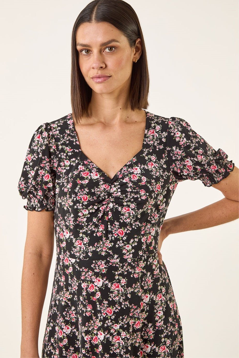 Roman Black Rose Print Ruched Midi Dress