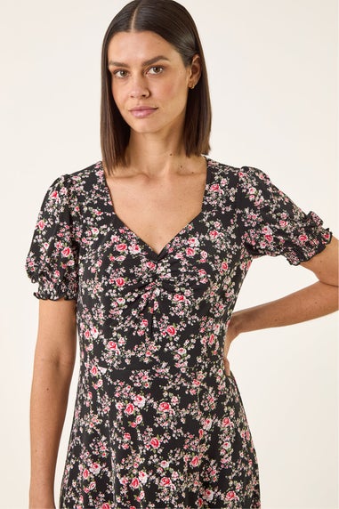 Roman Black Rose Print Ruched Midi Dress