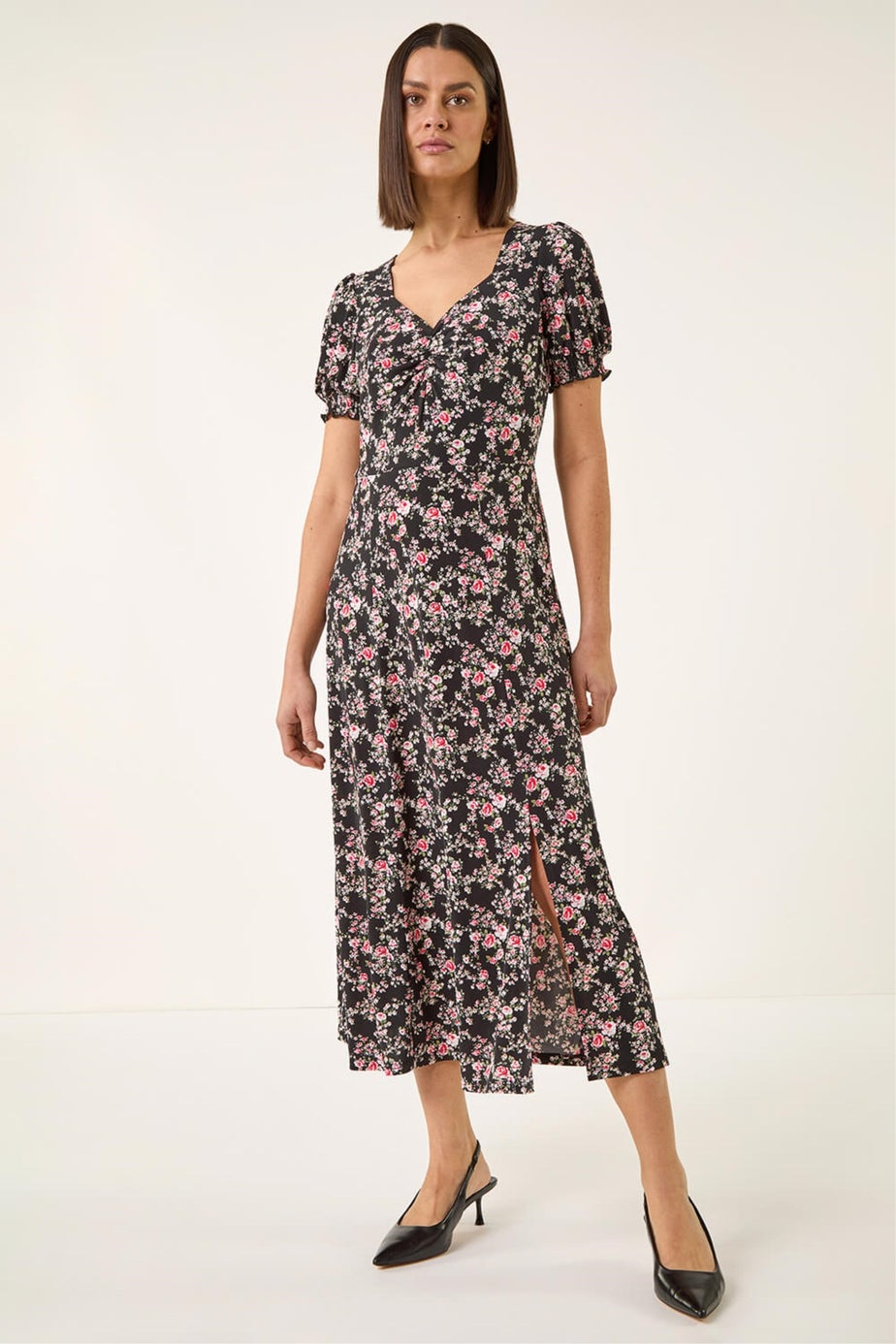 Roman Black Rose Print Ruched Midi Dress