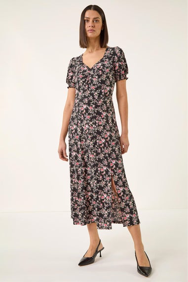 Roman Black Rose Print Ruched Midi Dress
