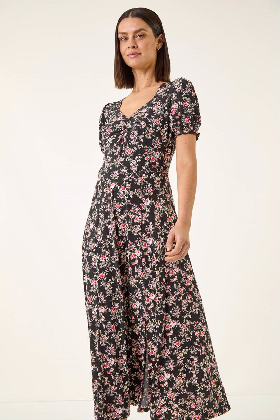 Roman Black Rose Print Ruched Midi Dress
