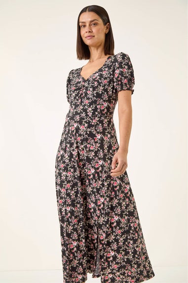 Roman Black Rose Print Ruched Midi Dress
