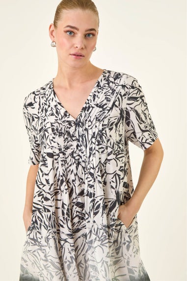 Roman Black Leaf Border Print Pintuck Dress