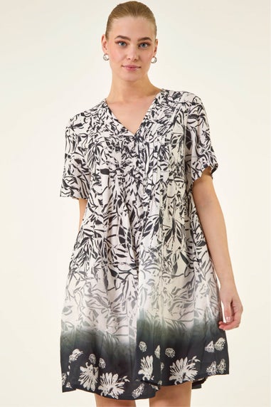 Roman Black Leaf Border Print Pintuck Dress