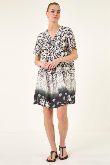Roman Black Leaf Border Print Pintuck Dress