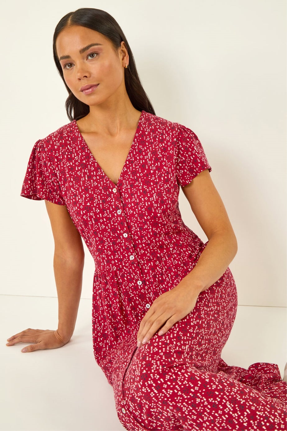 Roman Red Petite Abstract Spot Midi Dress