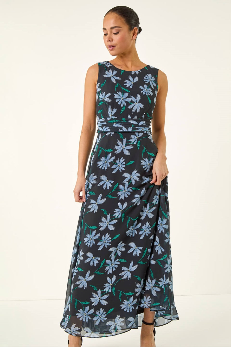 Roman Black P- Ruched Maxi Dress