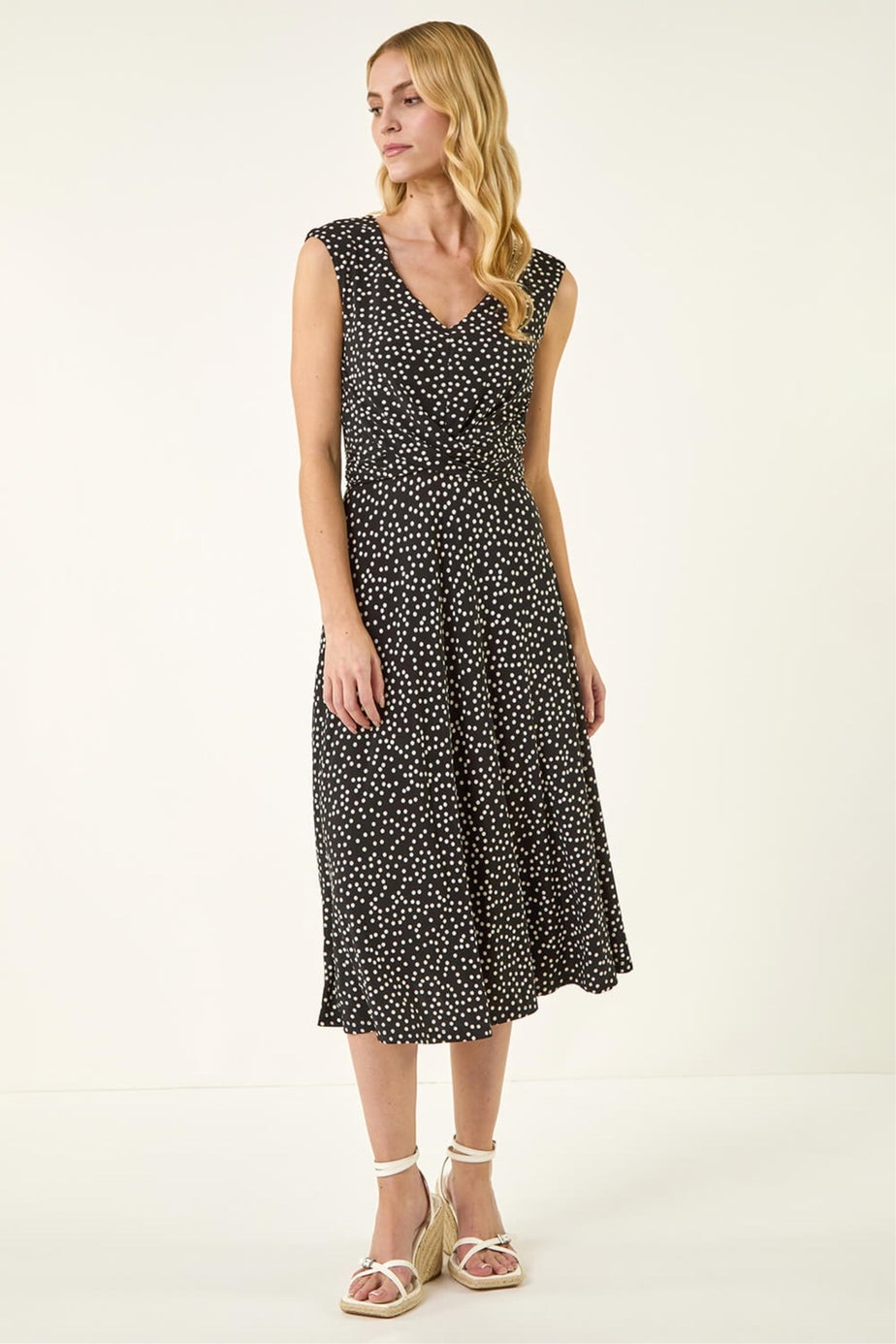 Roman Black Spot Print Twist Front Dress
