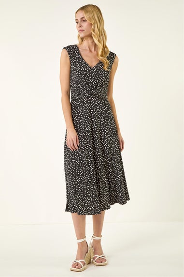 Roman Black Spot Print Twist Front Dress