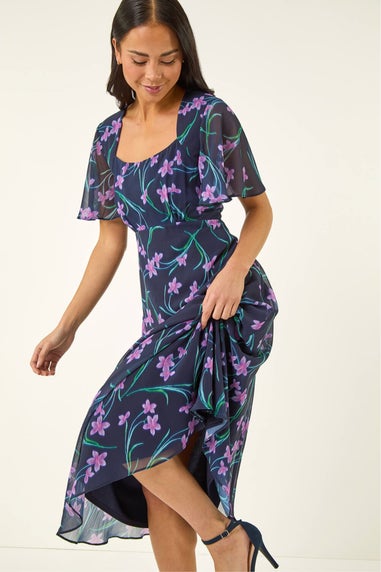 Roman Navy Petite Floral Midi Dress