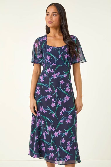 Roman Navy Petite Floral Midi Dress