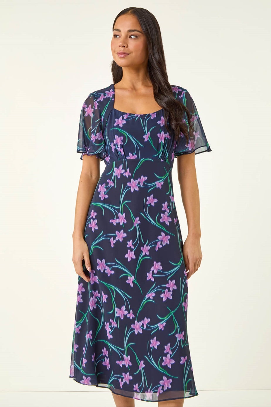 Roman Navy Petite Floral Midi Dress
