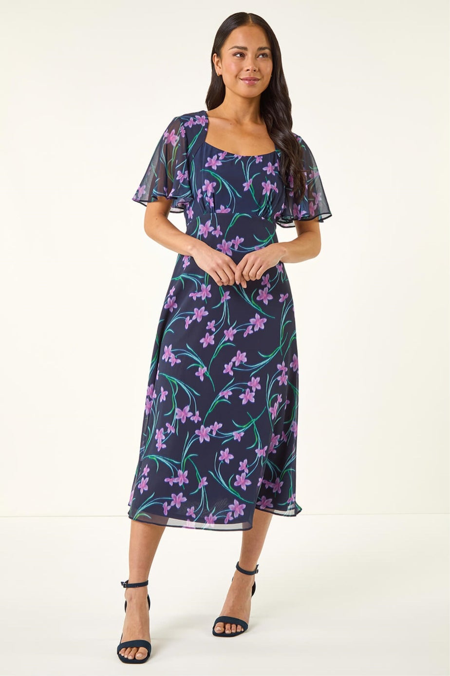 Roman Navy Petite Floral Midi Dress