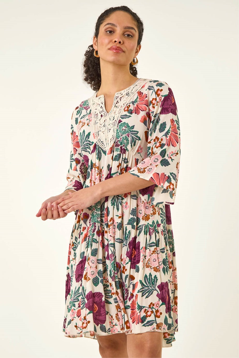 Roman Cream Floral Trim Smock Dress