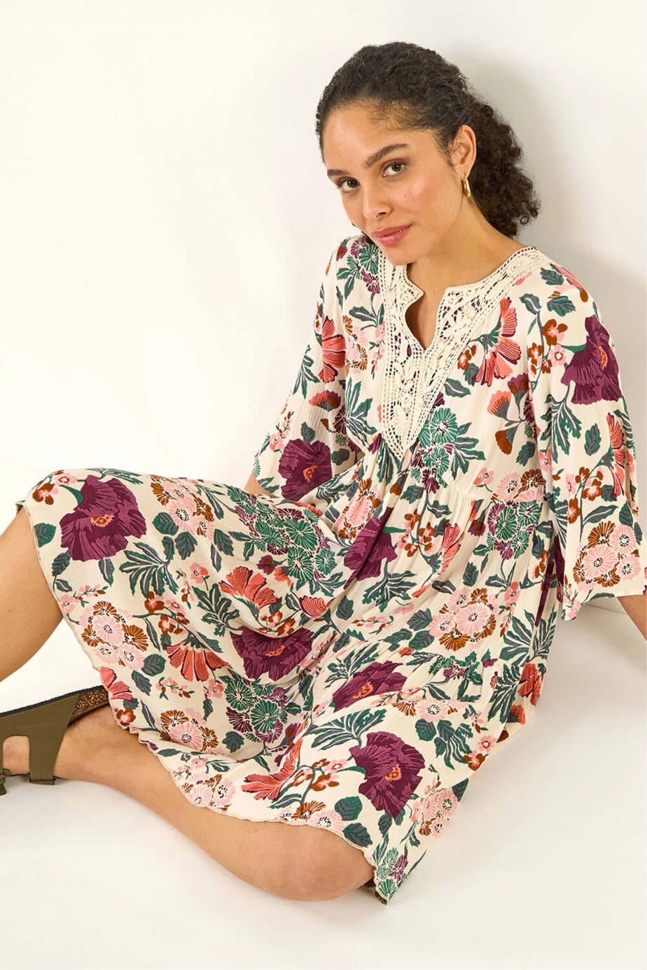 Roman Cream Floral Trim Smock Dress