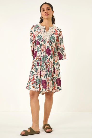 Roman Cream Floral Trim Smock Dress