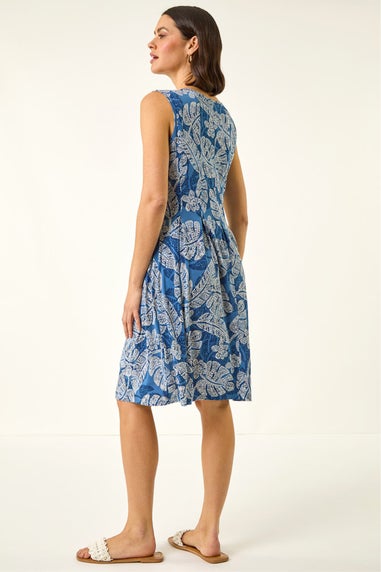Roman Navy Leaf Print Panel Dress