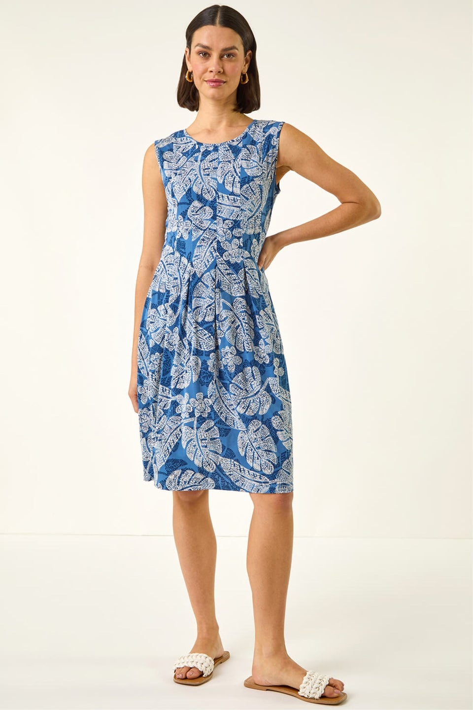 Roman Navy Leaf Print Panel Dress