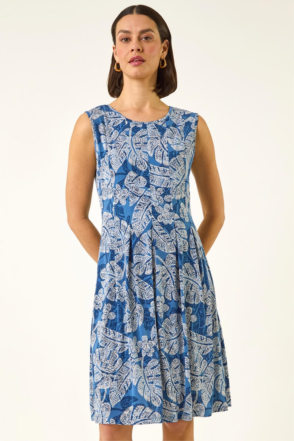 Roman Navy Leaf Print Panel Dress