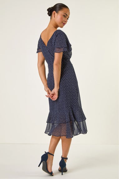 Roman Navy Petite Spot Frill Hem Dress