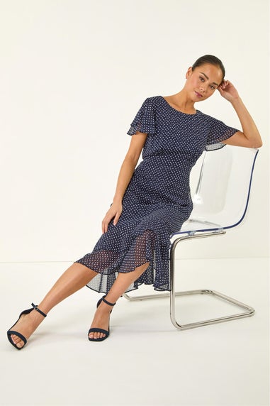 Roman Navy Petite Spot Frill Hem Dress