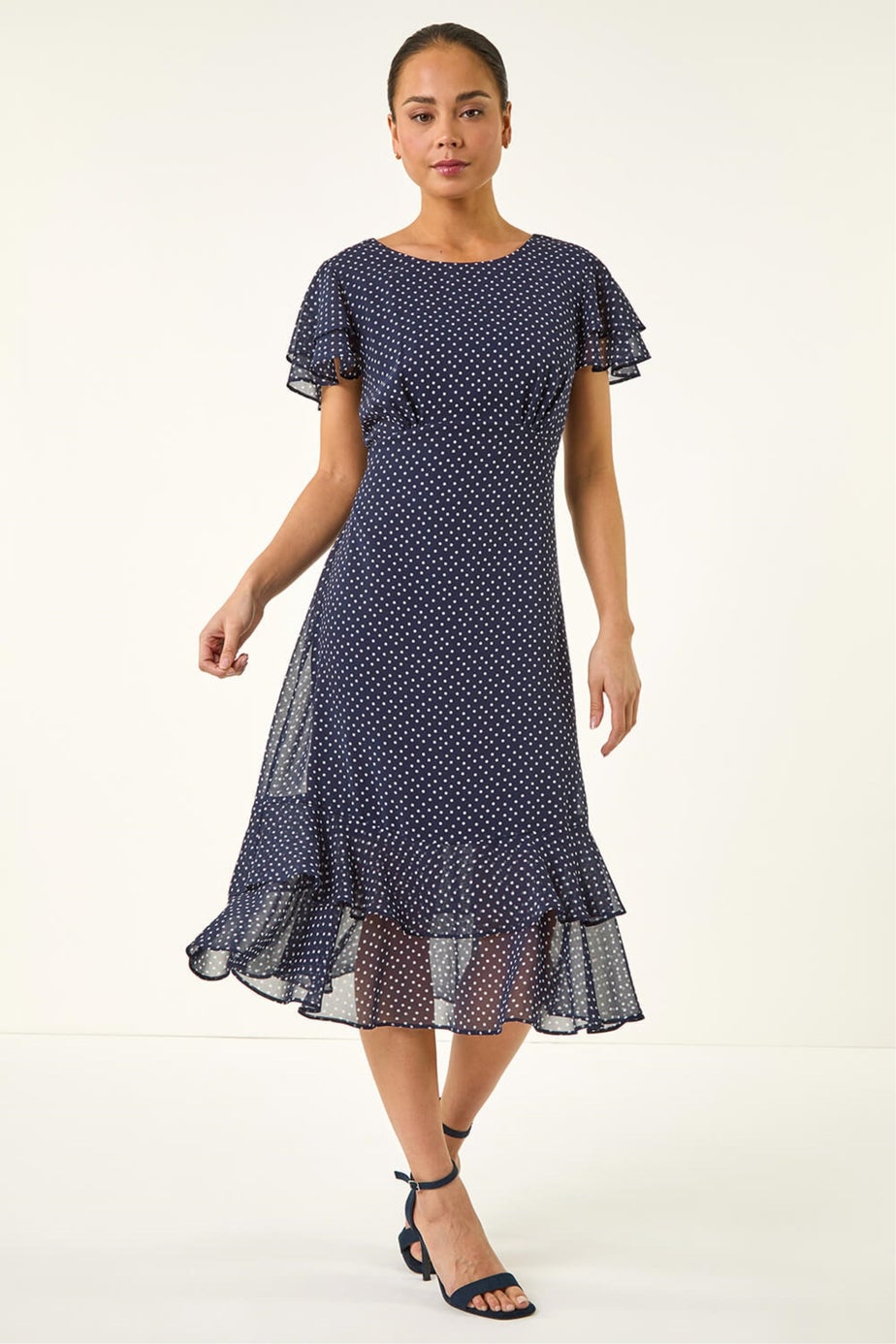 Roman Navy Petite Spot Frill Hem Dress