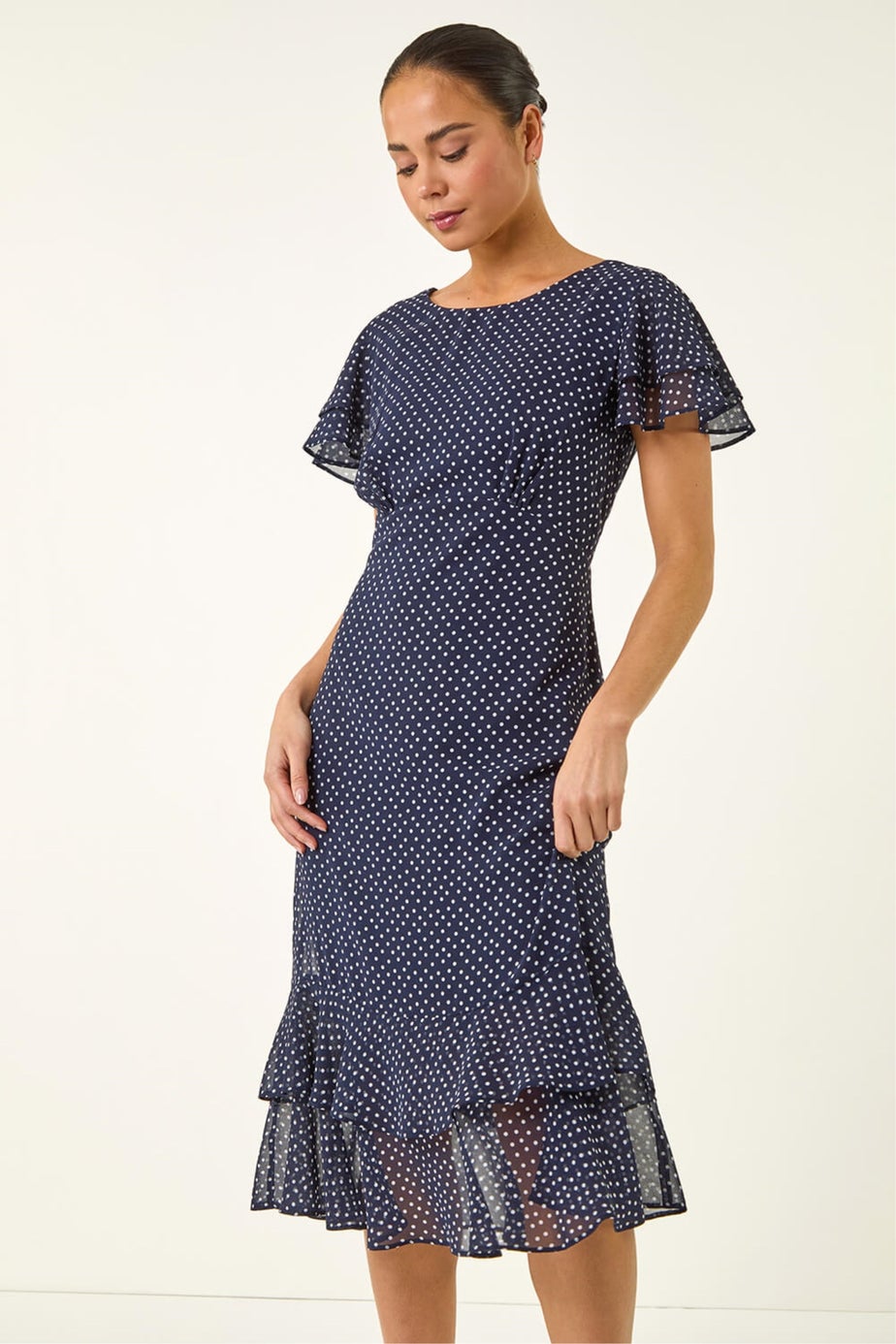 Roman Navy Petite Spot Frill Hem Dress