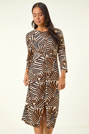 Roman Black Petite Abstract Print Knot Front Dress