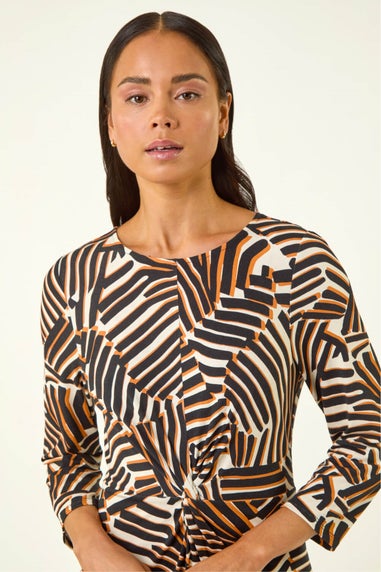 Roman Black Petite Abstract Print Knot Front Dress